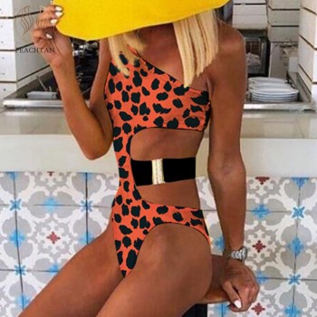 Peachtan one-piece Leopard swimsuit female 2020 monokini Hollow out swimwear women Sexy brazilian bikini one shoulder bodysuit